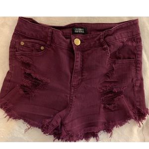 Maroon stretch distressed shorts